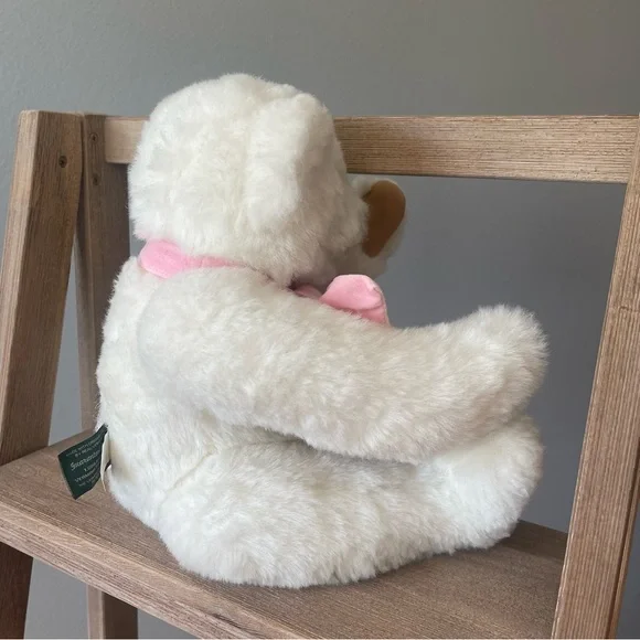 Cute Fluffy White Jointed Plush Bear with Pink Velvet Bow - Picture 11 of 13